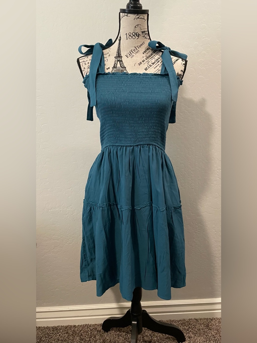 Zesica Teal Smocked Sundress with Tie Straps